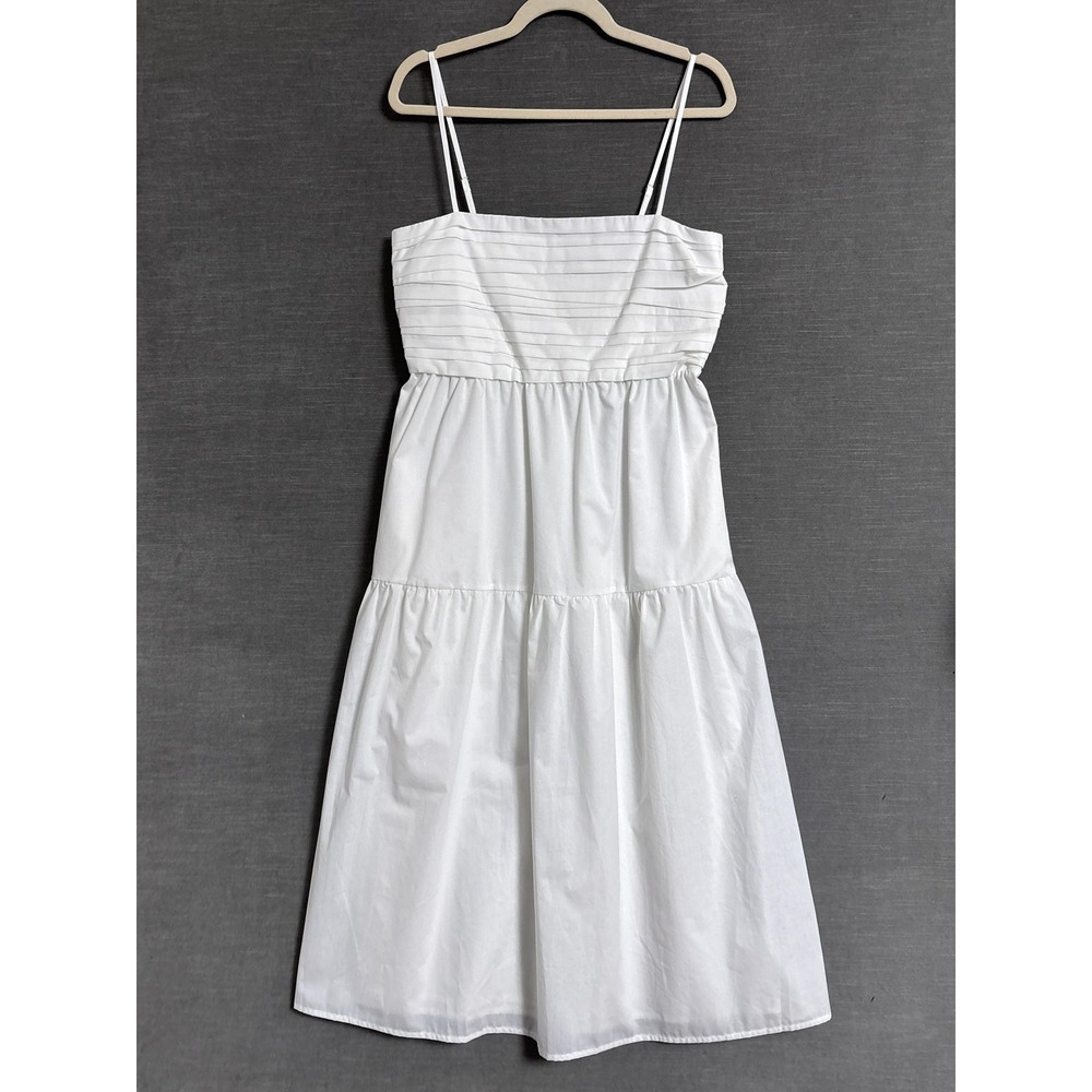 Evereve Dress L Emmie Ruched White Tiered Smocked‎ Midi Sundress Summer Beach
